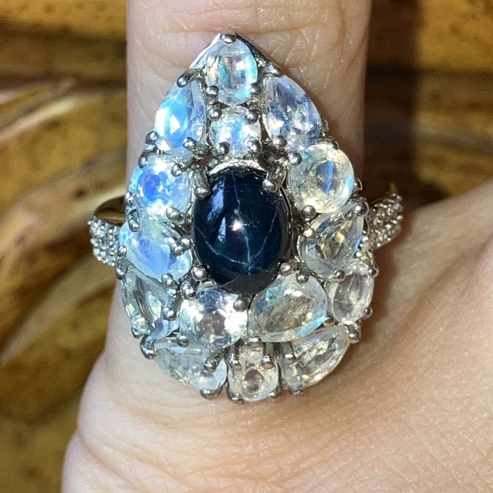 Natural Star Sapphire Rainbow Moonstone Sterling Silver Ring Size 5